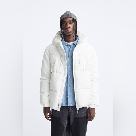 NWT ZARA Reformulated Ripstop Textured Hooded Zip Up Puffer Jacket White Sz XL